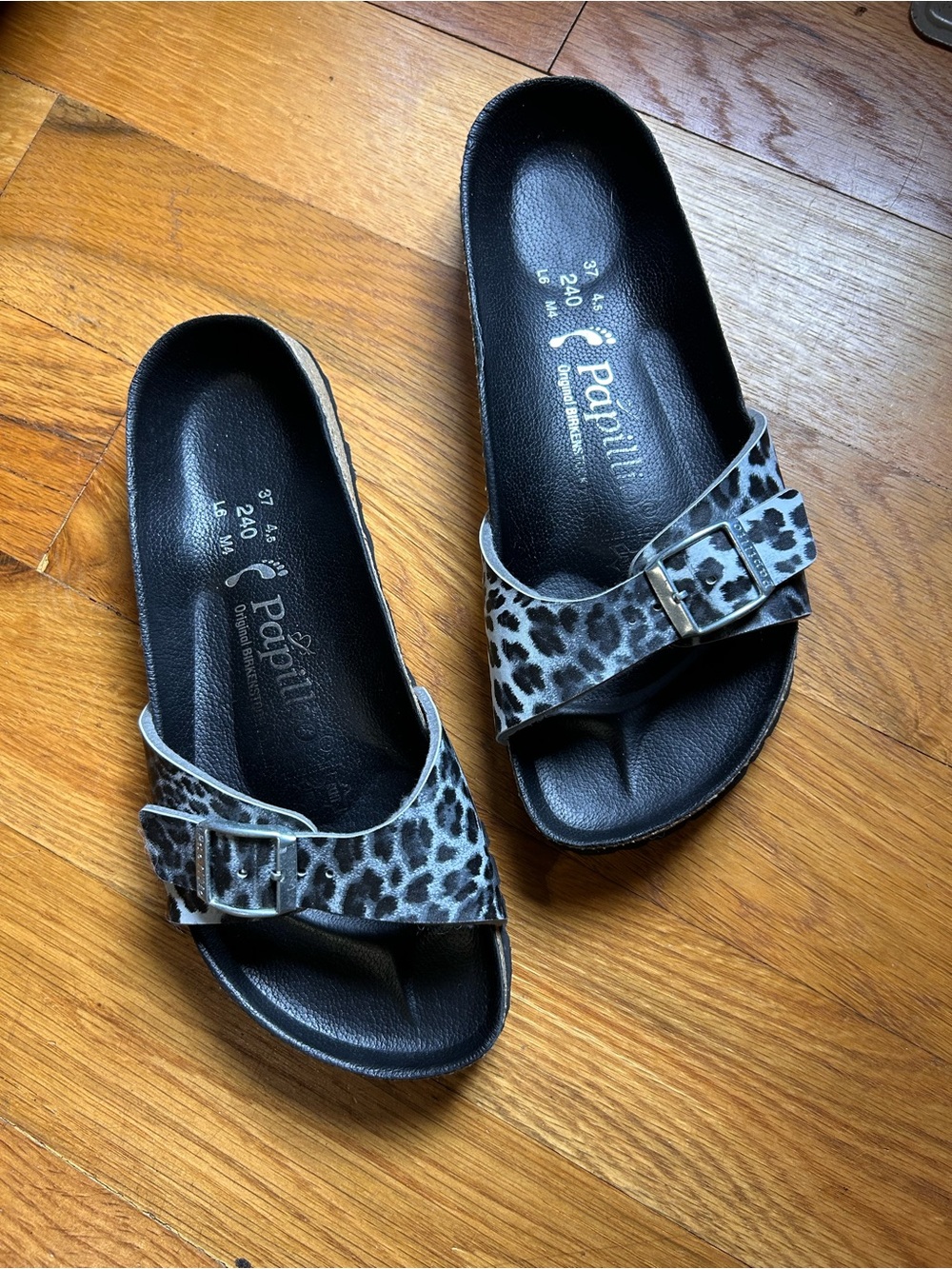 Papillio by Birkenstock Leopard Print Slide Sandals Black and Gray Sz37/US 6.5